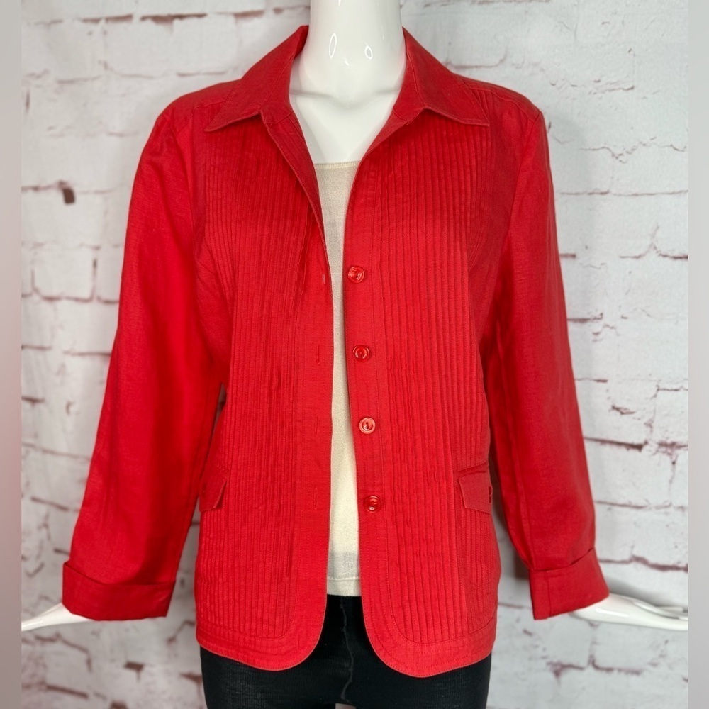 JONES NY 14P Petite Reddish Orange 100% Linen Pin Tuck Design Blazer Jacket - Picture 5 of 11